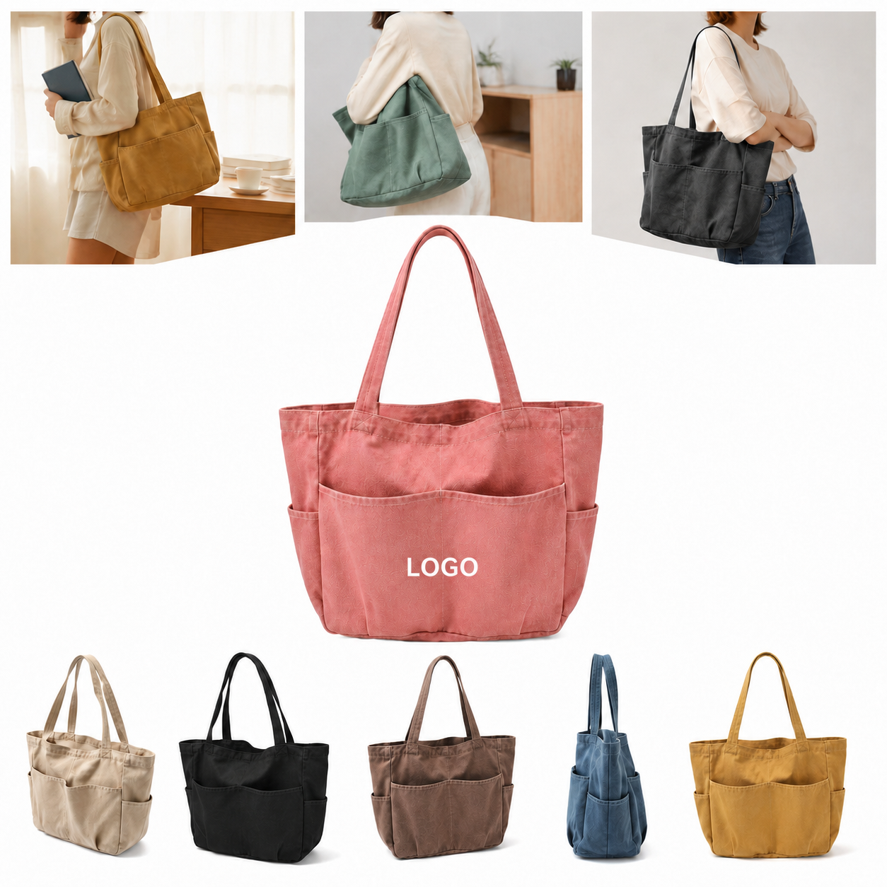 Denim Large Capacity Canvas Tote Bag with Long Shoulder Strap