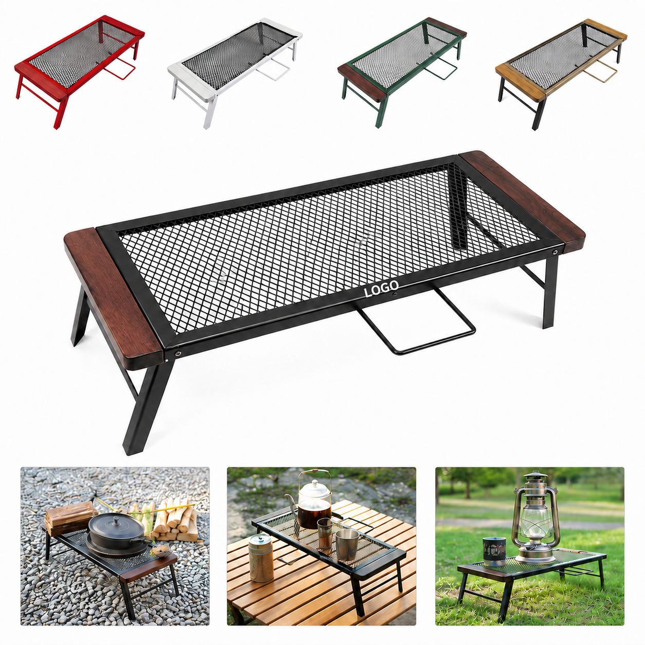 Foldable Heat-Resistant Iron Grill Mesh Table with Wooden Board and Carry Handle