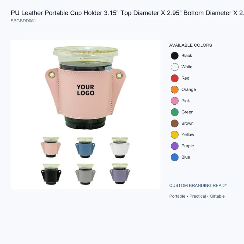 PU Leather Portable Cup Holder 3.15" Top Diameter X 2.95" Bottom Diameter X 2.83" Height